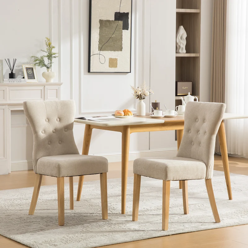 Lot de 2 chaises de salle à manger tissu chenille beige pieds bois massif BIRCHCURTAIN