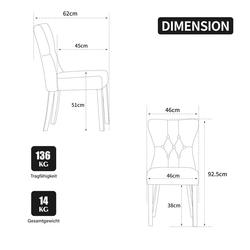 Lot de 2 chaises de salle à manger tissu chenille beige pieds bois massif BIRCHCURTAIN