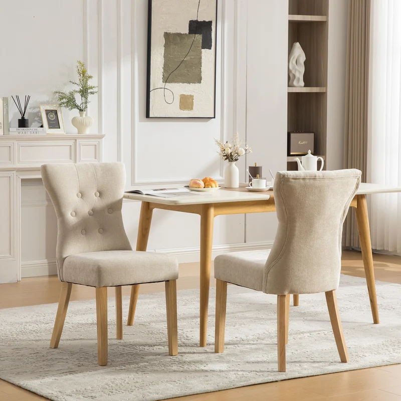 Lot de 2 chaises de salle à manger tissu chenille beige pieds bois massif BIRCHCURTAIN