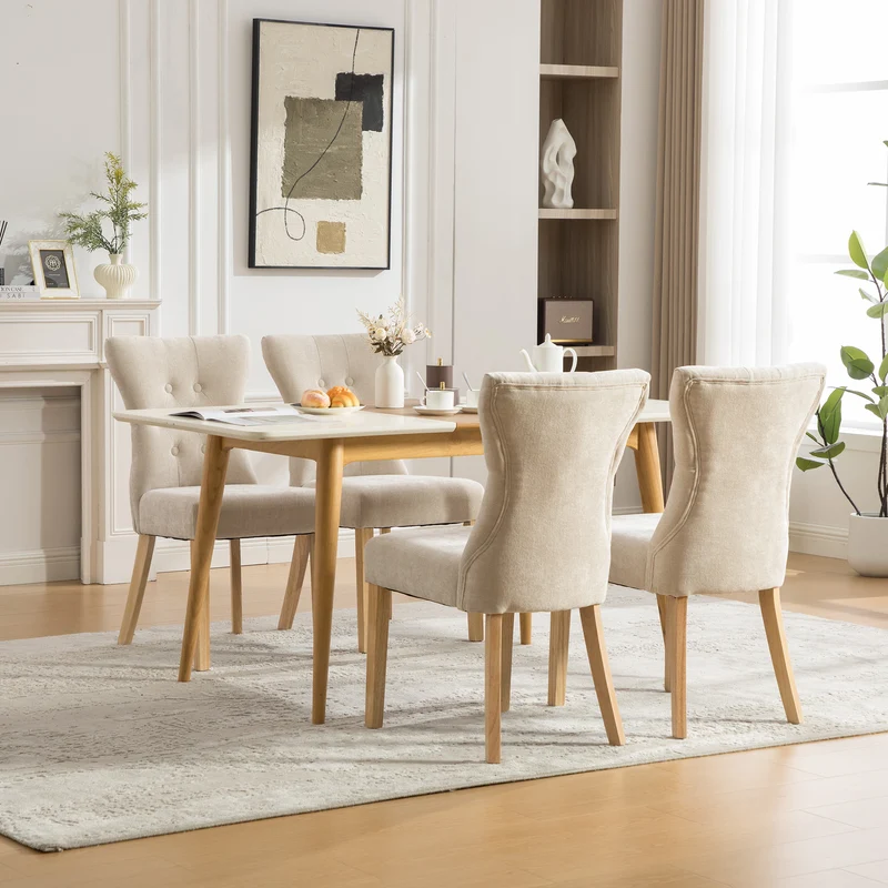 Lot de 2 chaises de salle à manger tissu chenille beige pieds bois massif BIRCHCURTAIN