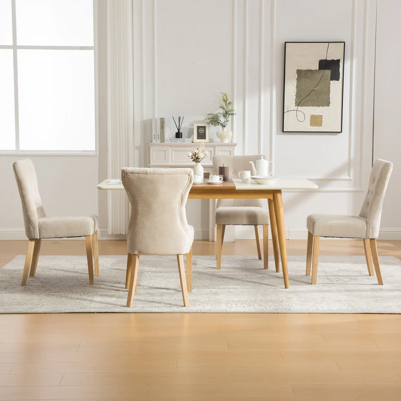 Lot de 2 chaises de salle à manger tissu chenille beige pieds bois massif BIRCHCURTAIN