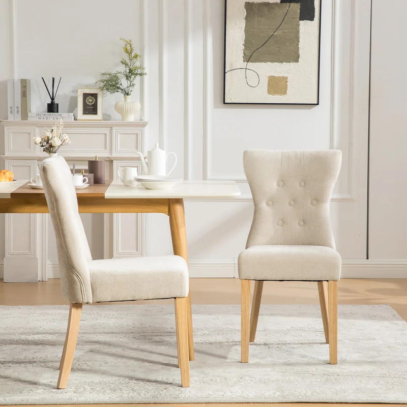 Lot de 2 chaises de salle à manger tissu chenille beige pieds bois massif BIRCHCURTAIN
