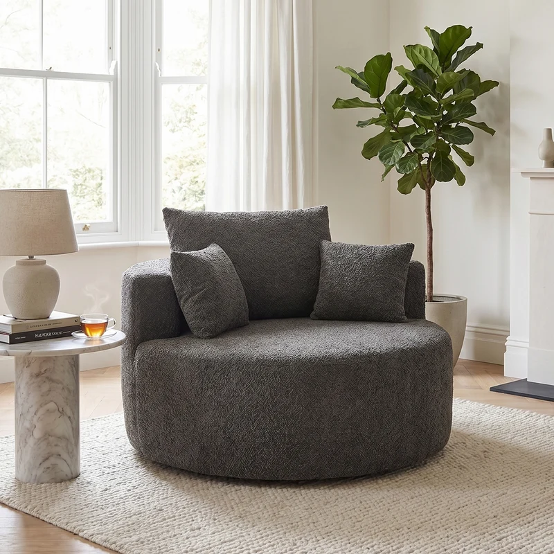 Fauteuil simple rond en chenille gris avec coussins sans montage BIRCHCONTAINER