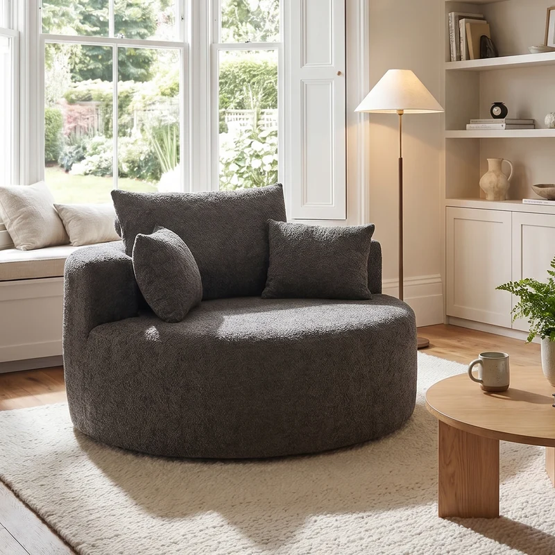 Fauteuil simple rond en chenille gris avec coussins sans montage BIRCHCONTAINER