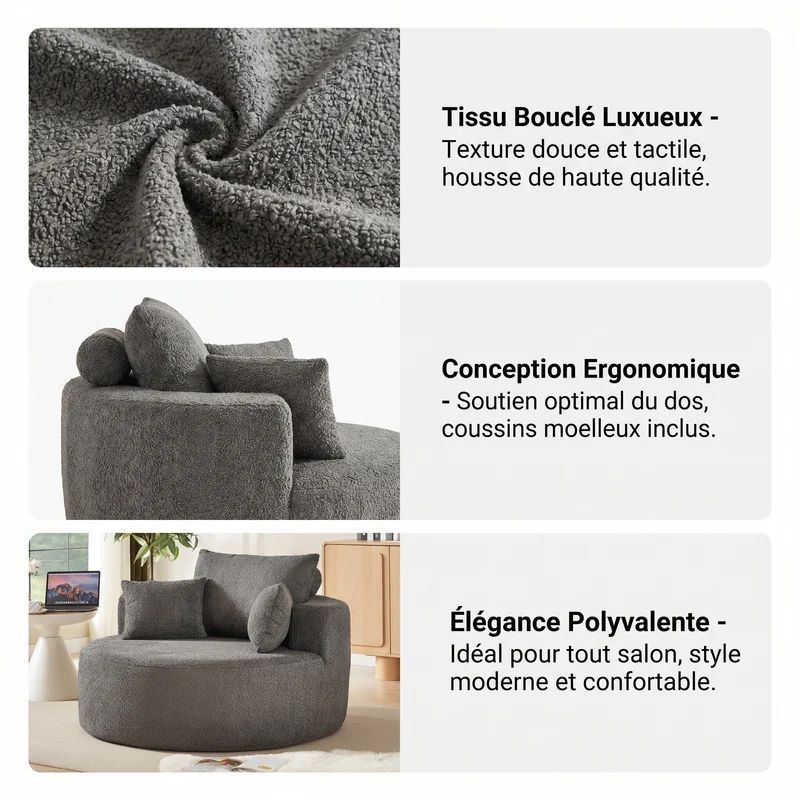 Fauteuil simple rond en chenille gris avec coussins sans montage BIRCHCONTAINER