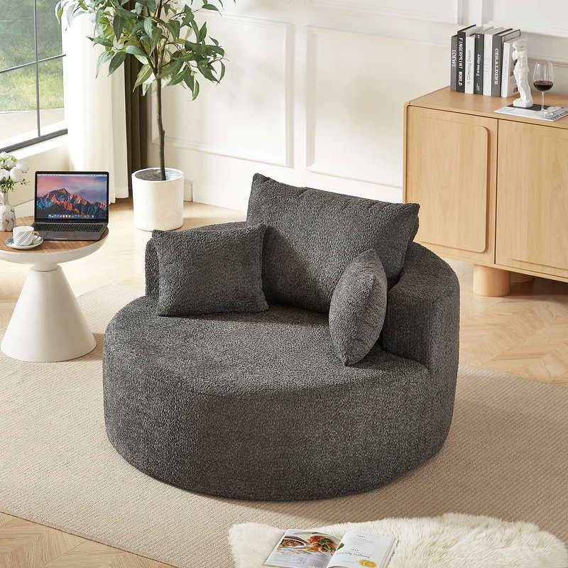 Fauteuil simple rond en chenille gris avec coussins sans montage BIRCHCONTAINER