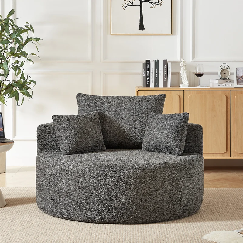 Fauteuil simple rond en chenille gris avec coussins sans montage BIRCHCONTAINER