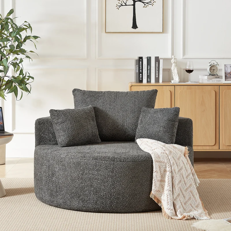 Fauteuil simple rond en chenille gris avec coussins sans montage BIRCHCONTAINER