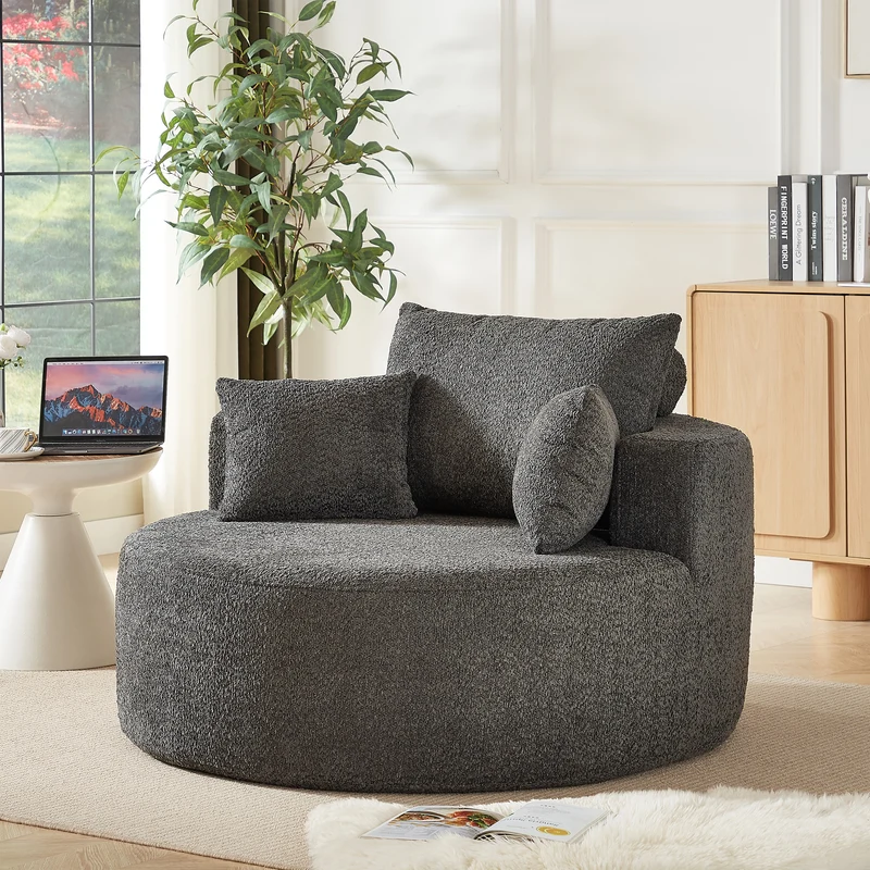 Fauteuil simple rond en chenille gris avec coussins sans montage BIRCHCONTAINER