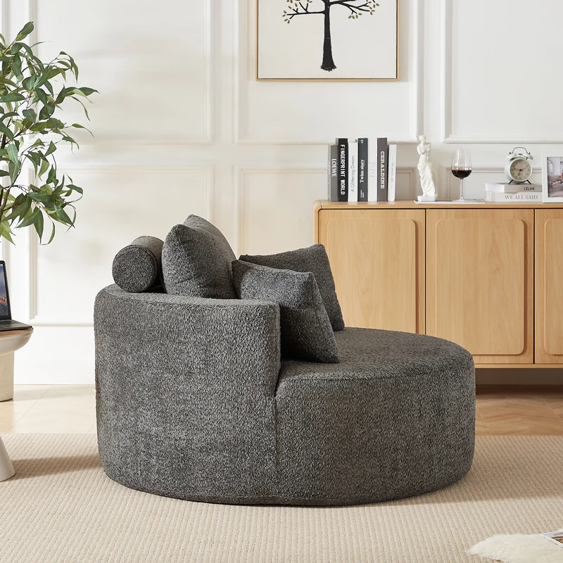 Fauteuil simple rond en chenille gris avec coussins sans montage BIRCHCONTAINER
