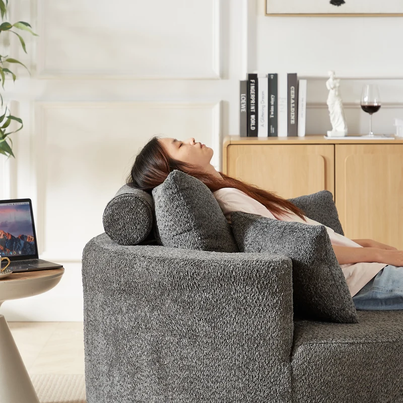 Fauteuil simple rond en chenille gris avec coussins sans montage BIRCHCONTAINER