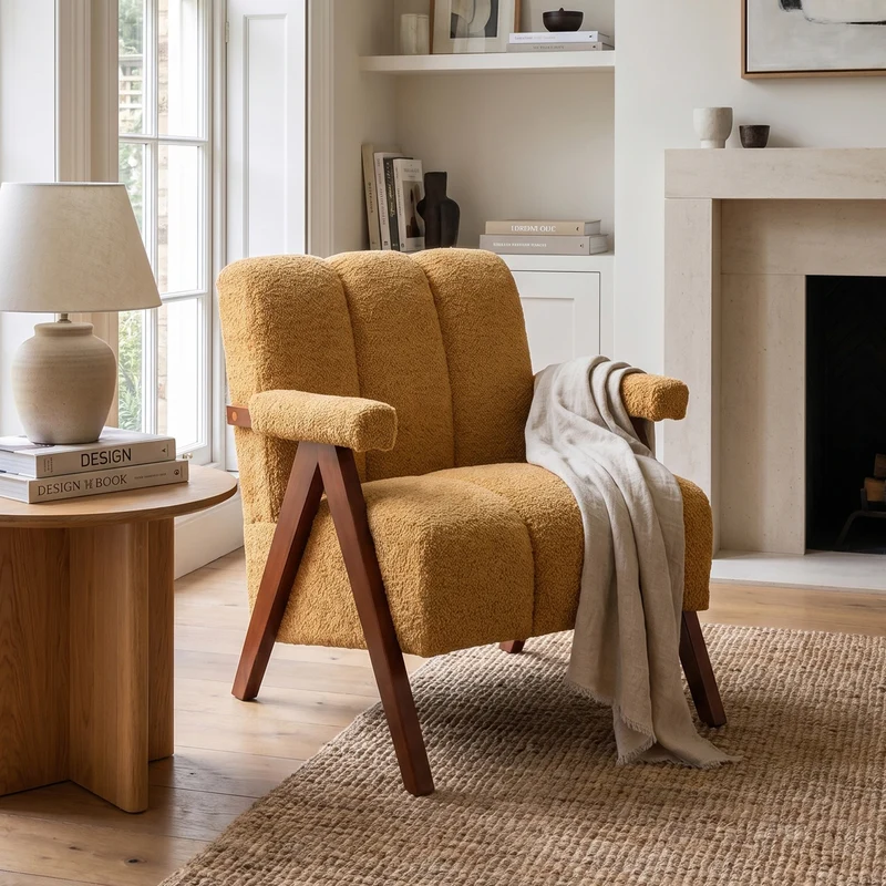 Fauteuil tissu bouclé jaune bois massif chêne accoudoirs 77x68,5x77cm BENCHPLUS