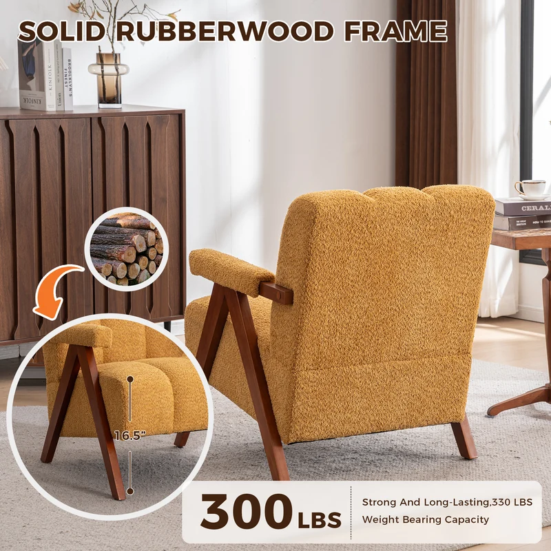 Fauteuil tissu bouclé jaune bois massif chêne accoudoirs 77x68,5x77cm BENCHPLUS