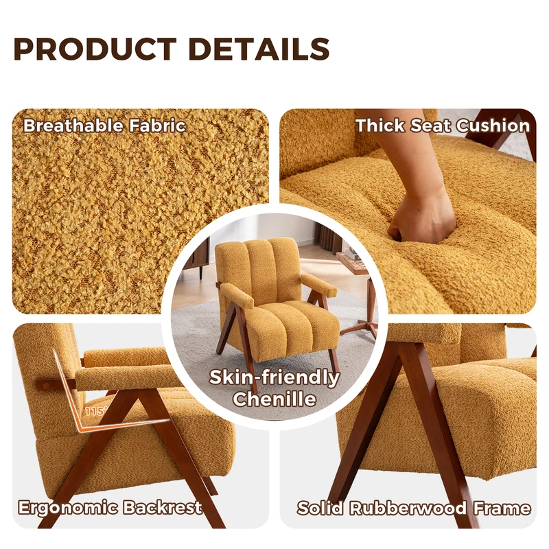 Fauteuil tissu bouclé jaune bois massif chêne accoudoirs 77x68,5x77cm BENCHPLUS