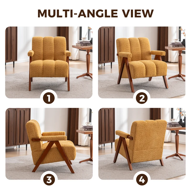 Fauteuil tissu bouclé jaune bois massif chêne accoudoirs 77x68,5x77cm BENCHPLUS