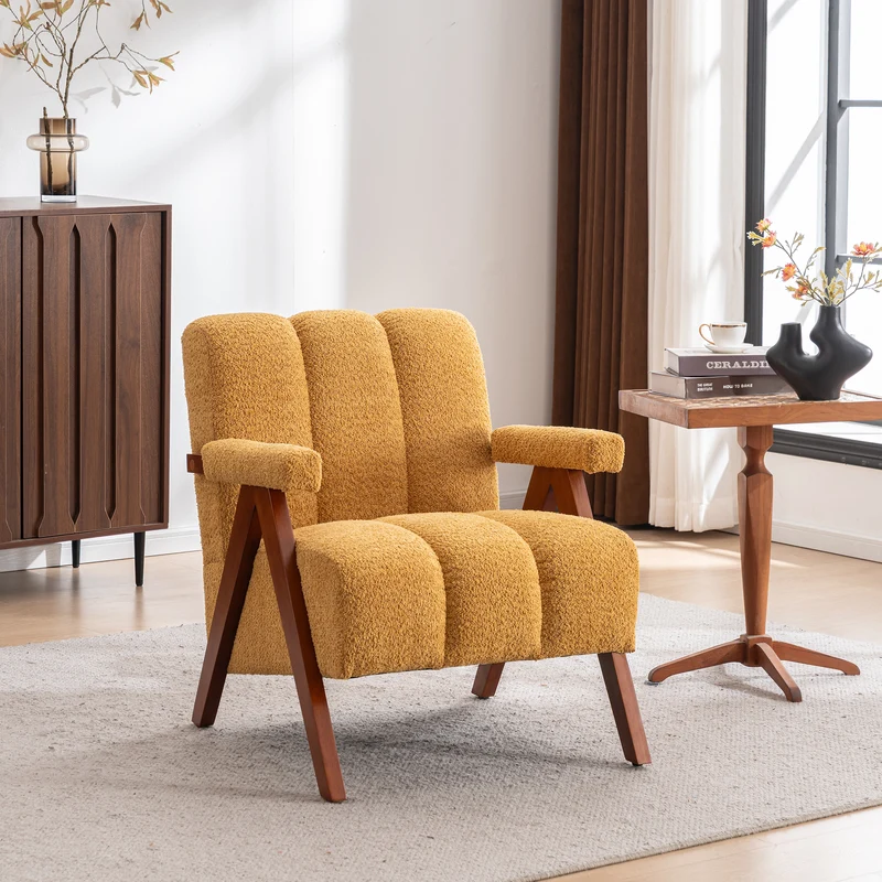 Fauteuil tissu bouclé jaune bois massif chêne accoudoirs 77x68,5x77cm BENCHPLUS