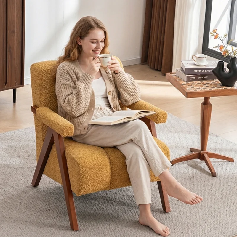 Fauteuil tissu bouclé jaune bois massif chêne accoudoirs 77x68,5x77cm BENCHPLUS