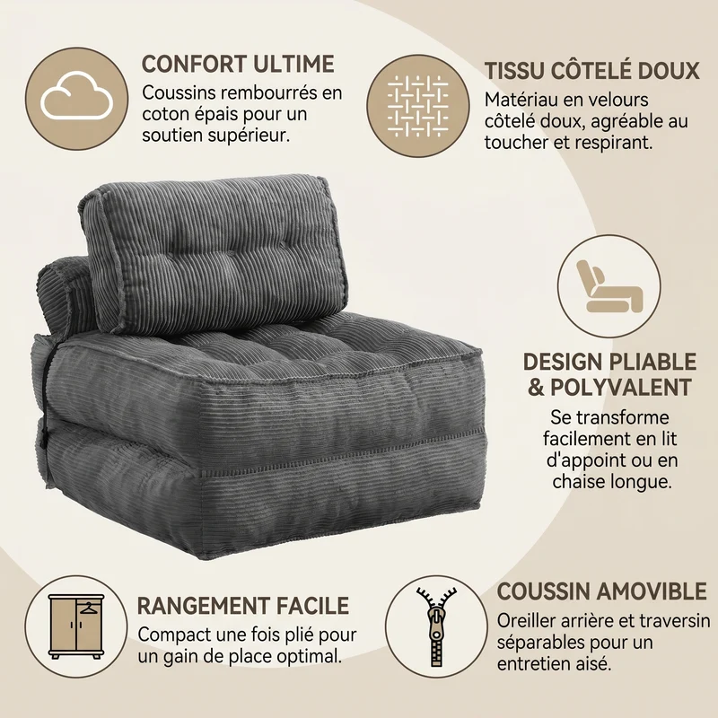 Chauffeuse convertible 1 place fauteuil de sol en velours côtelé gris BENCHLINE