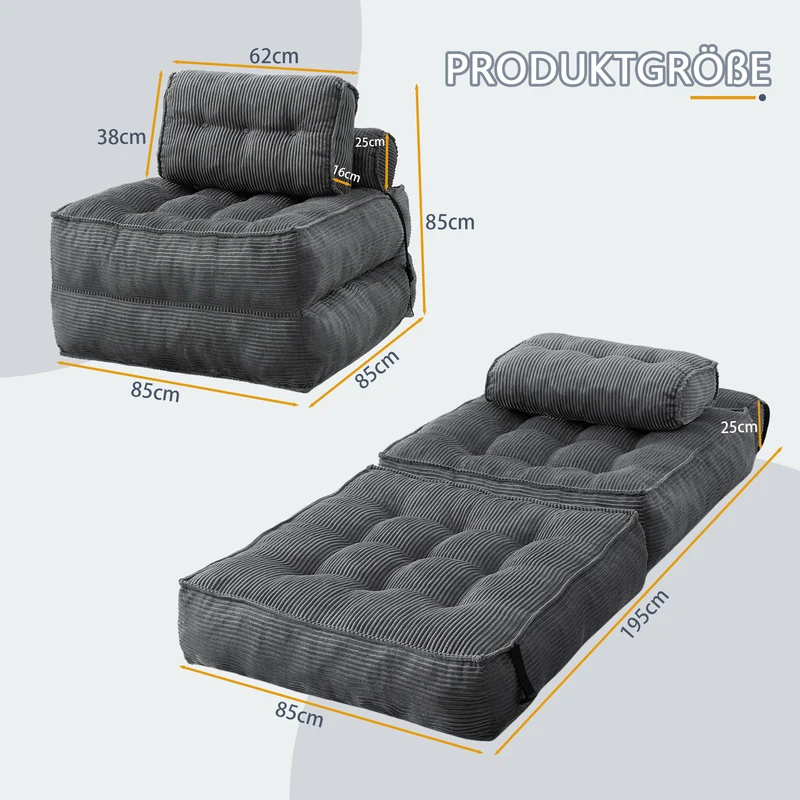 Chauffeuse convertible 1 place fauteuil de sol en velours côtelé gris BENCHLINE