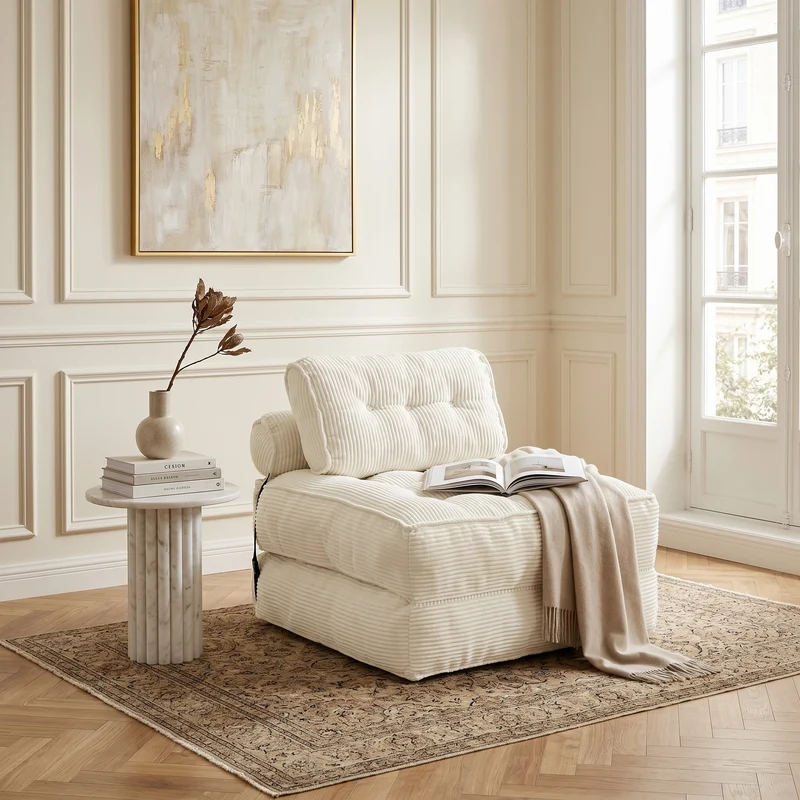 Chauffeuse convertible 1 place fauteuil de sol en velours côtelé beige BENCHMARBLE