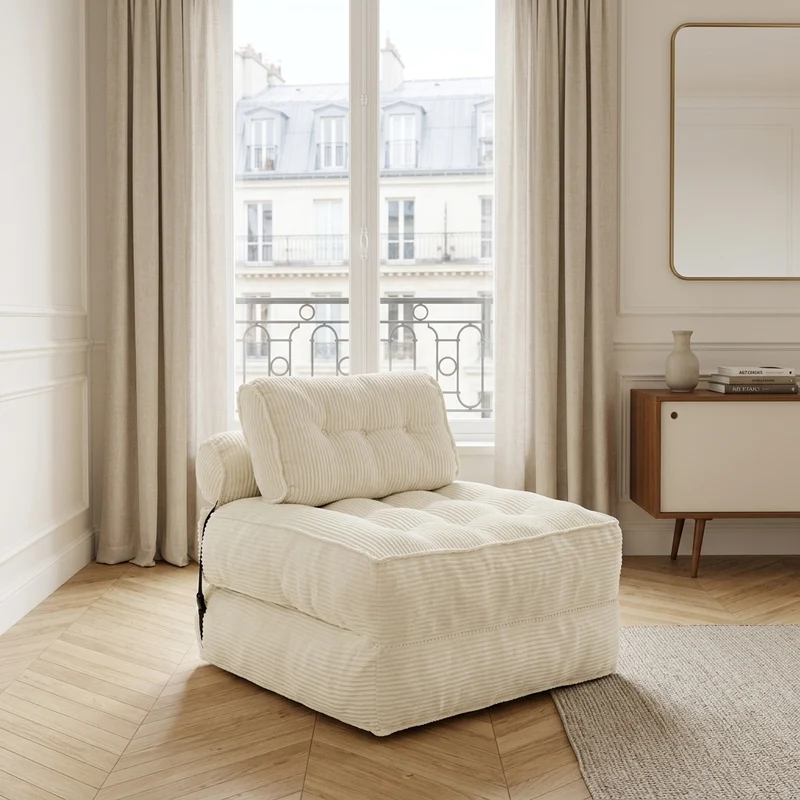Chauffeuse convertible 1 place fauteuil de sol en velours côtelé beige BENCHMARBLE