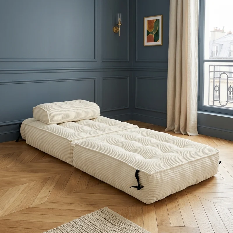 Chauffeuse convertible 1 place fauteuil de sol en velours côtelé beige BENCHMARBLE