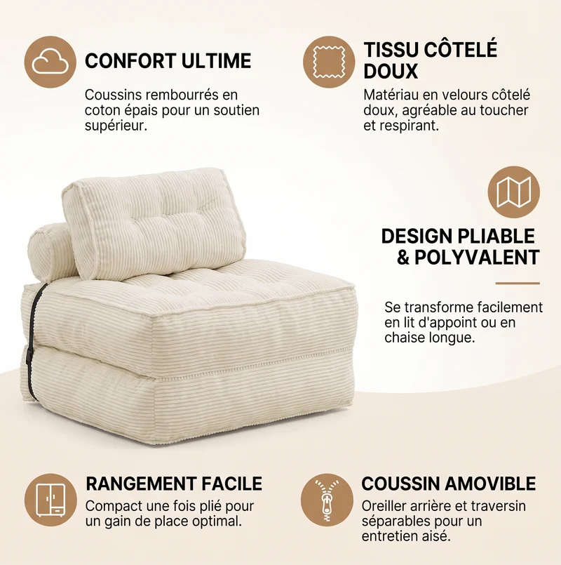 Chauffeuse convertible 1 place fauteuil de sol en velours côtelé beige BENCHMARBLE