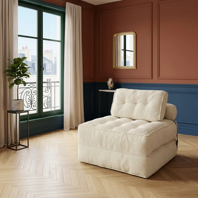 Chauffeuse convertible 1 place fauteuil de sol en velours côtelé beige BENCHMARBLE