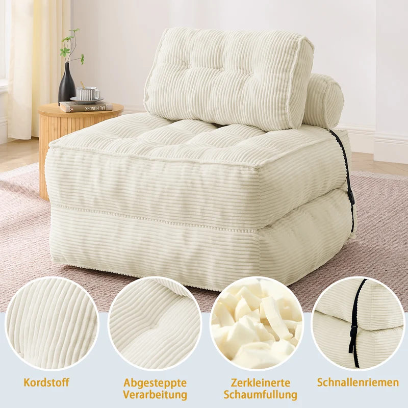 Chauffeuse convertible 1 place fauteuil de sol en velours côtelé beige BENCHMARBLE