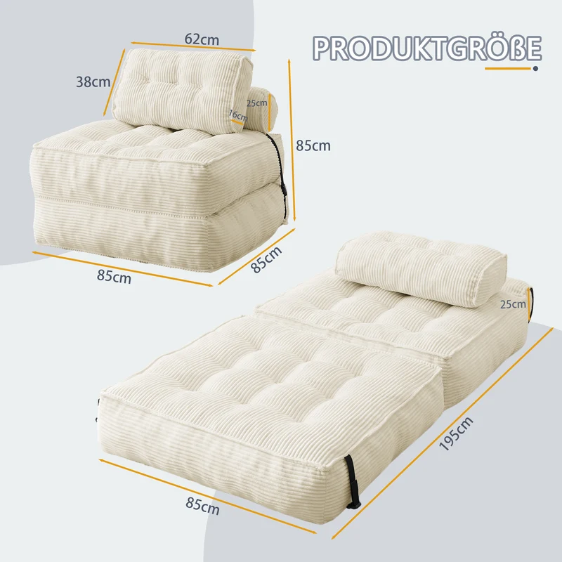 Chauffeuse convertible 1 place fauteuil de sol en velours côtelé beige BENCHMARBLE