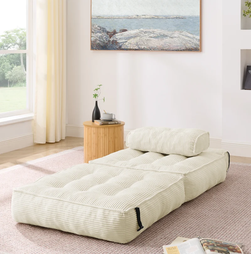 Chauffeuse convertible 1 place fauteuil de sol en velours côtelé beige BENCHMARBLE