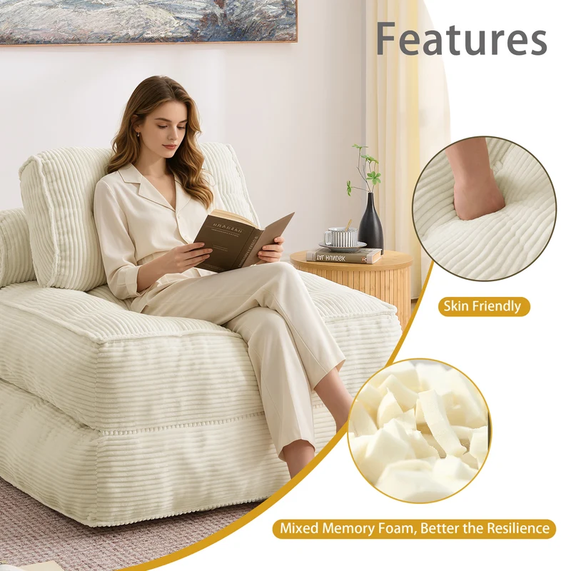 Chauffeuse convertible 1 place fauteuil de sol en velours côtelé beige BENCHMARBLE