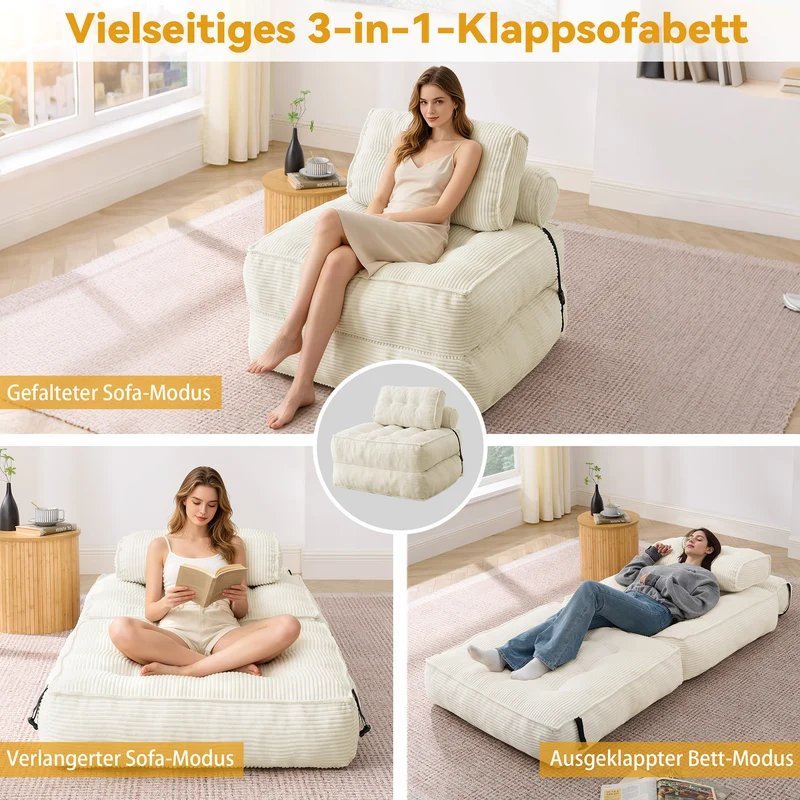 Chauffeuse convertible 1 place fauteuil de sol en velours côtelé beige BENCHMARBLE