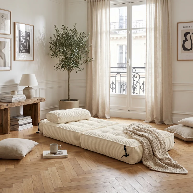 Chauffeuse convertible 1 place fauteuil de sol en velours côtelé beige BENCHMARBLE