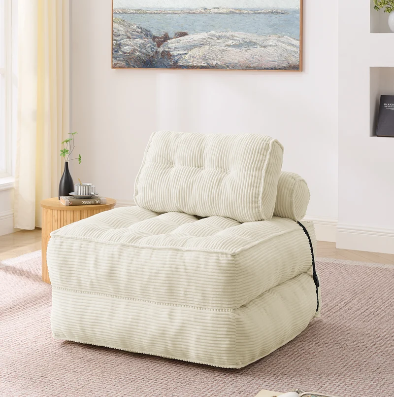 Chauffeuse convertible 1 place fauteuil de sol en velours côtelé beige BENCHMARBLE