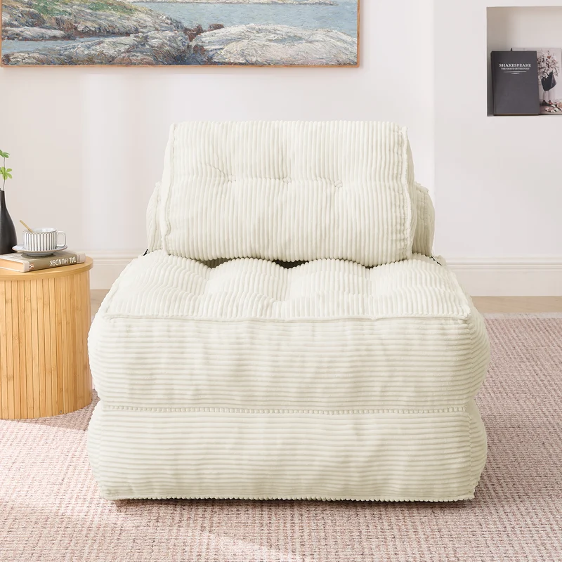 Chauffeuse convertible 1 place fauteuil de sol en velours côtelé beige BENCHMARBLE