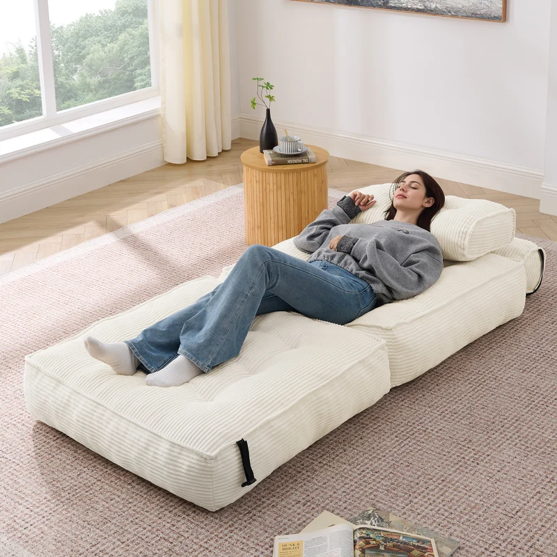 Chauffeuse convertible 1 place fauteuil de sol en velours côtelé beige BENCHMARBLE