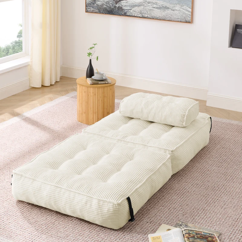 Chauffeuse convertible 1 place fauteuil de sol en velours côtelé beige BENCHMARBLE