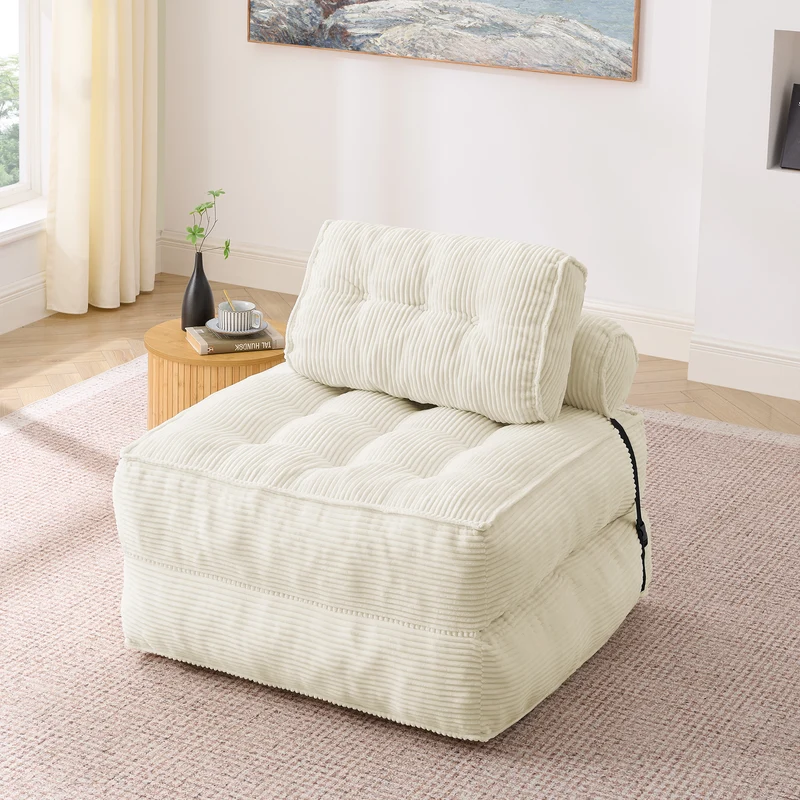 Chauffeuse convertible 1 place fauteuil de sol en velours côtelé beige BENCHMARBLE