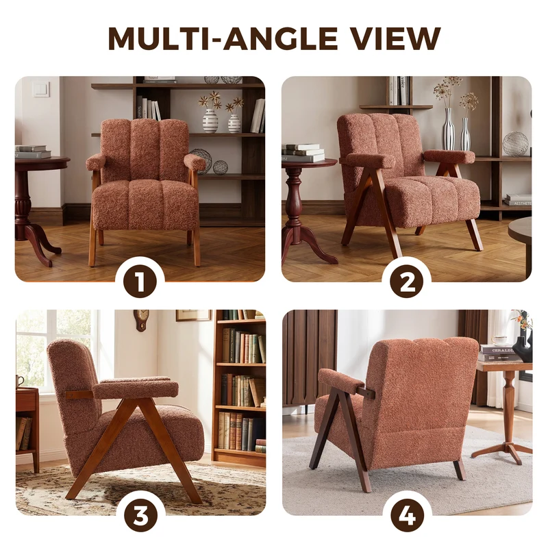 Fauteuil tissu bouclé rouge rouille bois massif chêne accoudoirs 77x68,5x77cm BENCHPLASTIC