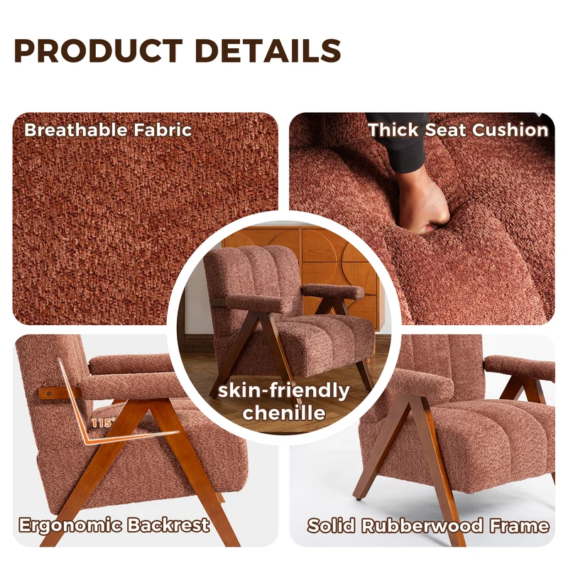 Fauteuil tissu bouclé rouge rouille bois massif chêne accoudoirs 77x68,5x77cm BENCHPLASTIC