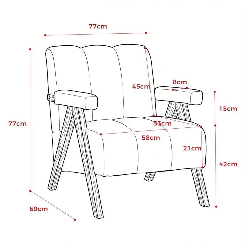 Fauteuil tissu bouclé rouge rouille bois massif chêne accoudoirs 77x68,5x77cm BENCHPLASTIC