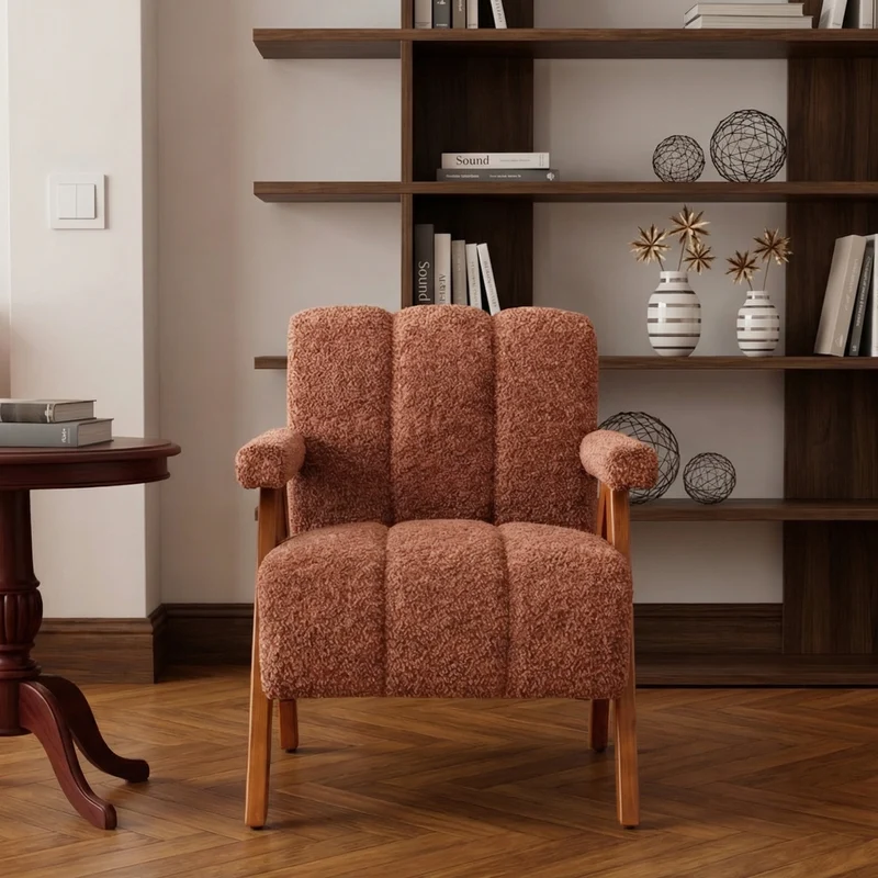 Fauteuil tissu bouclé rouge rouille bois massif chêne accoudoirs 77x68,5x77cm BENCHPLASTIC