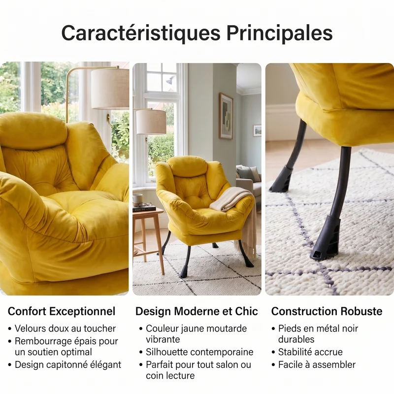 Fauteuil rembouré tissu jaune en pieds métal poche latérale 75x80x85cm BOOKCASEEDGE