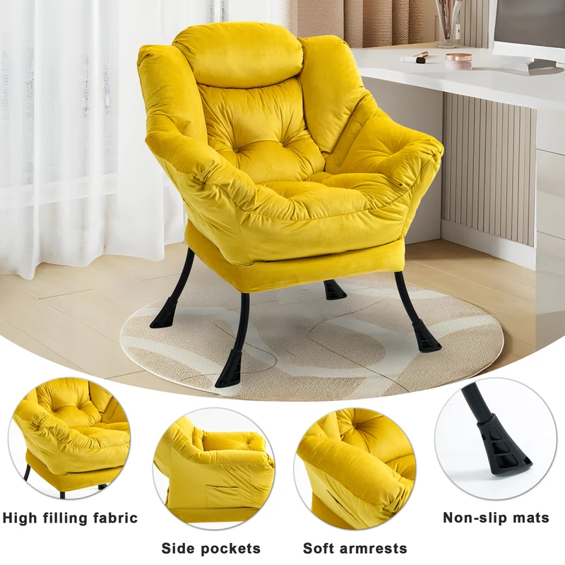 Fauteuil rembouré tissu jaune en pieds métal poche latérale 75x80x85cm BOOKCASEEDGE