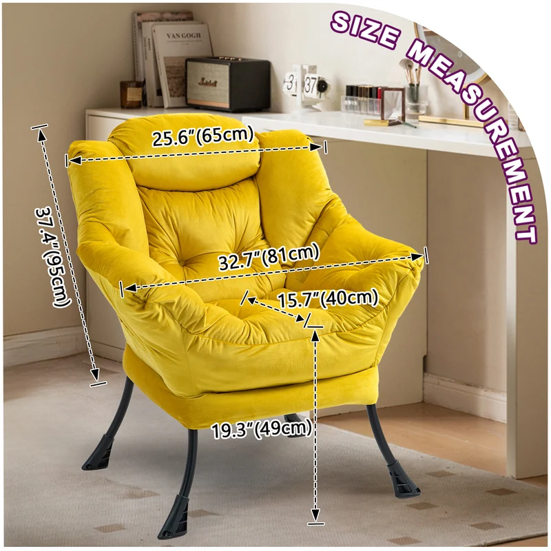 Fauteuil rembouré tissu jaune en pieds métal poche latérale 75x80x85cm BOOKCASEEDGE