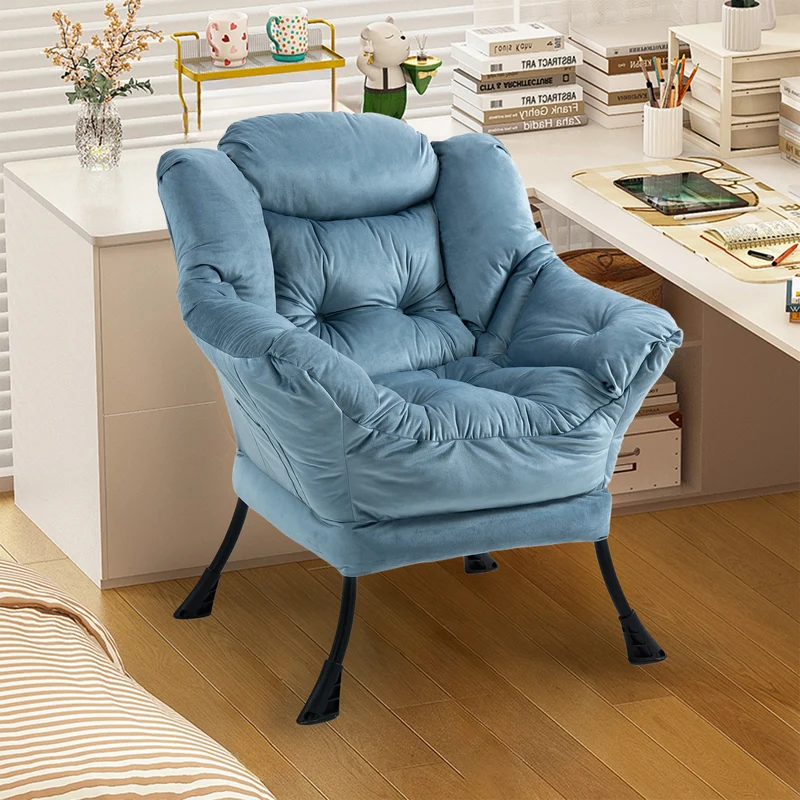 Fauteuil rembouré tissu bleu clair en pieds métal poche latérale 75x80x85cm BOOKCASECONCRETE