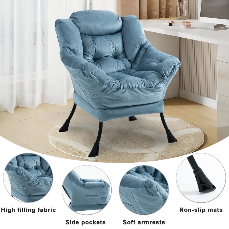 Fauteuil rembouré tissu bleu clair en pieds métal poche latérale 75x80x85cm BOOKCASECONCRETE