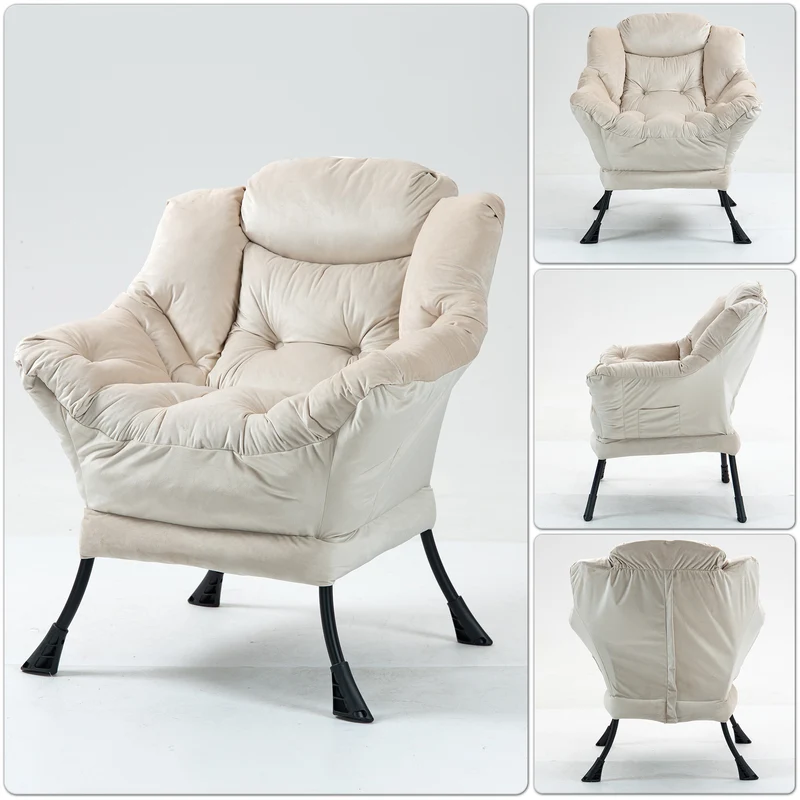 Fauteuil rembouré tissu beige en pieds métal poche latérale 75x80x85cm BOOKCASEBROWN