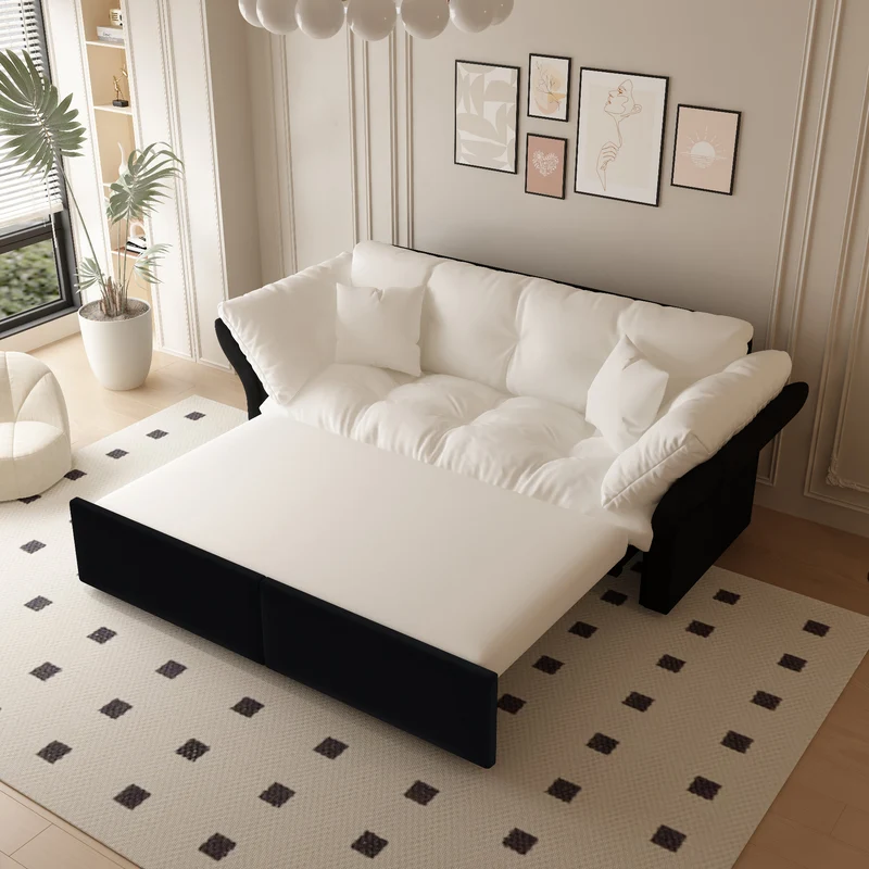 Canapé-lit 3 places covertible velours beige/blanc avec coussins BIRCHCART
